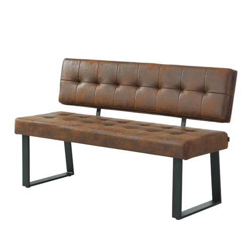 B&D home® Sitzbank Sigfrid 140 cm – Esszimmerbank mit Rückenlehne, gepolsterte Sitzbank in Lederoptik Braun, stabiles Metall-Kufengestell, modernes Design – Bank für Esstisch/Küche/Flur