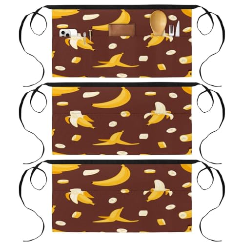 Demi-tablier court 3 poches lot de 3 coloris marron banane multicolore