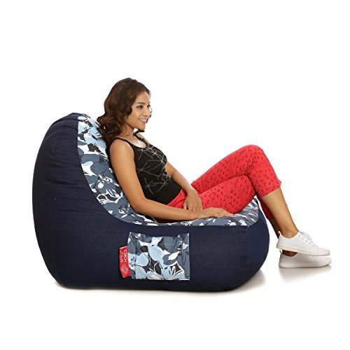Image of Style Homez Urban Design Denim Canvas Floral Printed Chair Bean Bag XXL Size Filled with Beans Fillers