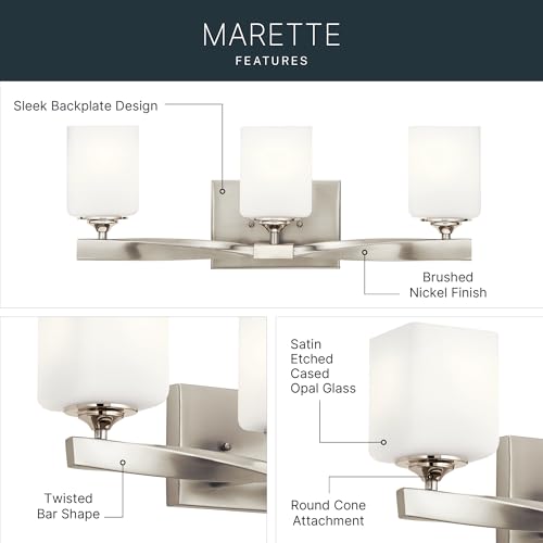 Image of Kichler Marette 22.75 inch Vanity Light in Brushed Nickel, 3-Light Modern Bathroom Light with Satin Etched Cased Opal Glass, (22.75 inch W x 8 inch H), 55002NI