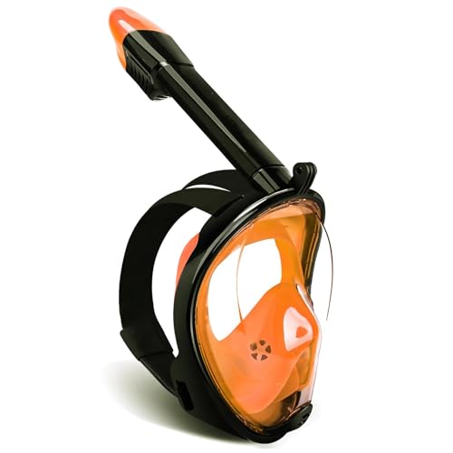 Full Face Snorkel Mask, Snorkeling Mask with Detachable Camera Mount, 180 Panoramic Anti-Fog Anti-Leak Diving Mask for Adult and Kids (Large/ X-Large, Black Orange)