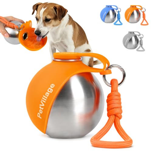 Image of 2-in-1 Dog Water Bottle with Foldable Bowl, Portable Leak-Proof Pet Travel Water Dispenser, Stainless Steel Dog Hydration Bottle for Walking, Hiking, Small Dogs & Puppies, Orange 10oz