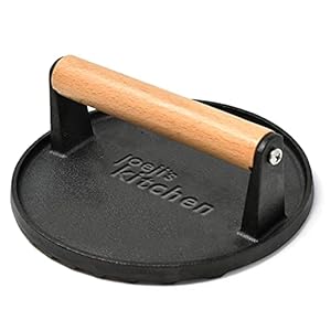 Joeji’s Kitchen gietijzeren burgerpers met antiaanbaklaag, zware gietijzeren burgerpers met cool touch houten handvat, geribbelde burgerkraker om perfecte schroeistrips te creëren