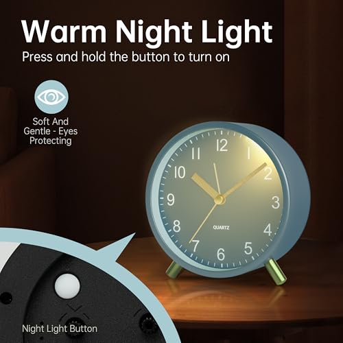 Image of JALL Analog Alarm Clock, 4 inch Super Silent Non Ticking Small Clock with Night Light, Battery Operated, Simple Design, Easy Setting for Office, Bedroom, Bedside, Desk, Teens, Elders, Adult, SkyBlue