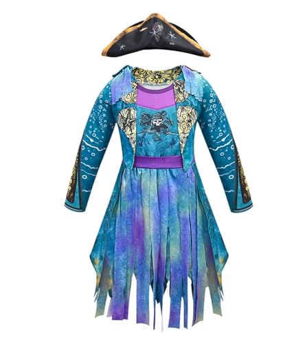 JYKSDTUWS Halloween Girls Descendants Uma Cosplay Costume Princess Birthday Party Pirate Dress Up Clothes Outfits with Hat (Color-1 9-10 Years)