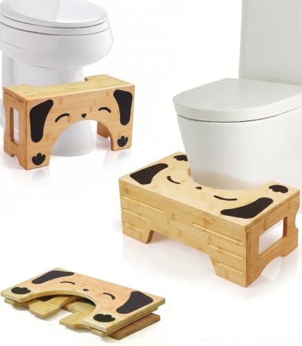 Image of Foldable Toilet Stool, Bamboo Squat Stool for Bathroom, Space-Saving Poop Stool with Comfortable 7 inch Daily Use Height, Potty Stool for Improved Posture, Optional 9 inch Height Mode (Dog Design)