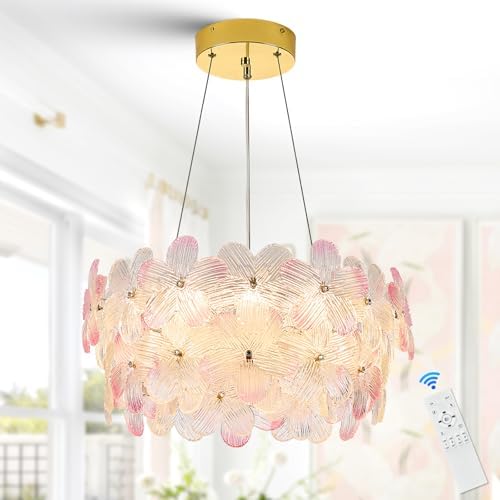 Modern Pink Flower Chandelier 20'' Gold Crystal Light Fixture Dim...