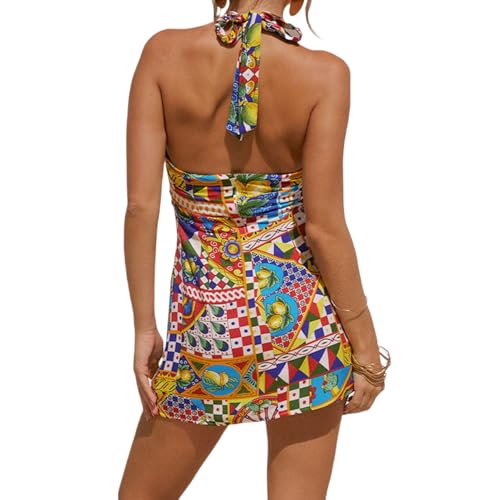 Image of Women's Sexy Halter Tropical Printed Mini Dress Sleeveless A Line Bodycon Dress Backless Party Vacation Dresses