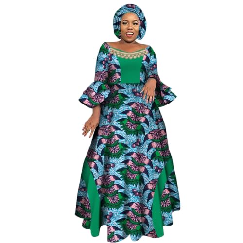 Image of iooiooi Womens African Print Party Maxi Dress Ankara Long Dress & Headwrap | Ankara Print Maxi Dress for Women,Flared Bell Sleeve Party Gown