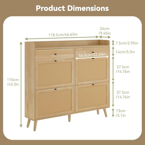 GarveeHome Shoe Cabinet with 4 Rattan Flip Drawers & 2 Drawer, Hidden Free-Standing Shoe Rack, Wooden Shoe Storage Cabinet with Legs for Entryway Hallway, Living Room