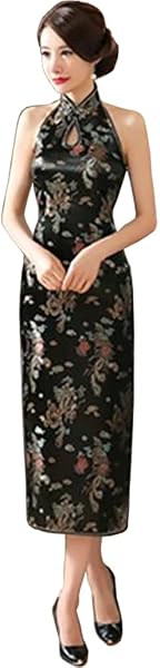 [TRTRO] ネックホルダー チャイナドレス オフショルダー チャイナ服 ノースリーブロング丈 スリット チーパウ Qipao 旗袍 バックレス - 3
