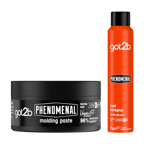 got2b Phenomenal Molding Paste 100 ml, Fearless Hold, Natural Looking Finish, Powerful Fragrance and got2b Phenomenal Matt Hairspray 200 ml, Dramatic Hold, 24h Powerful Matt Looks