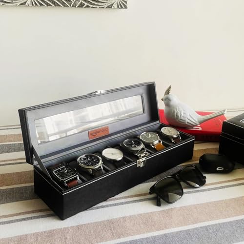 Image of Amazon Basics Unisex Faux Leather Watch Organiser Box with 6 Slots |Watch Organiser with Transparent Lid (Black)