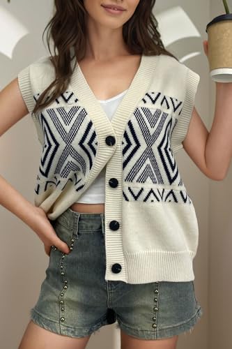 Image of Velius Women Crochet Sleeveless V Neck Patterned Button Down Sweater Vest Knit Top
