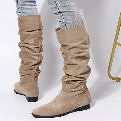 Ladies Fashion Solid Color Flock Wrinkled Pointed Toe Flat Casual Long Boots Thigh High Boots Tall3