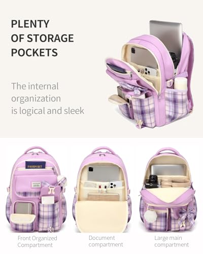 Image of Backpack for School Girls, 3Pcs Kids Cute Bookbag with Lunch Box Pencil Pouch, Student Pack Fits 15.6 Inch Laptop for Teens bag for Kindergarten Elementary Preschool Middle School, Purple Tartan