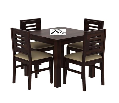 Image of AADITYA WOODS Solid Sheesham Wood 4 Seater Dining Table with Chair Set for Living Room | Wood Dinning | Hotel Restaurant Dining Set | Wooden Dining Room Set- Dark Walnut Finish Color