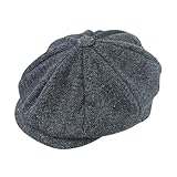 Lizzy 1 x Peaked/Peaky Flat Cap Hat (Adult) | Traditional 1920s Gatsby 8 Panel Peak Hat Mens Black Herringbone Wool Newsboy Flat Cap