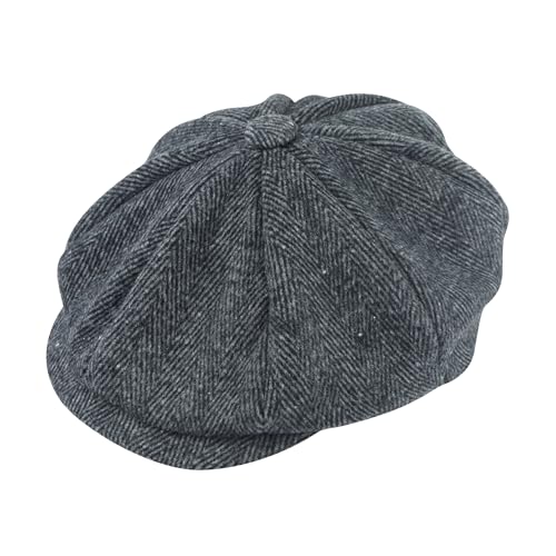 Lizzy 1 x Peaked/Peaky Flat Cap Hat (Adult) | Traditional 1920s Gatsby 8 Panel Peak Hat Mens Black Herringbone Wool Newsboy Flat Cap