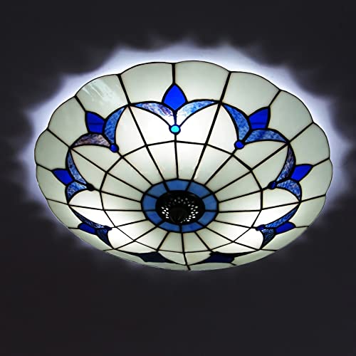WDBZTJ 16 Inch Tiffany Style Ceiling Light Flush Mount, Blue Stained Glass Ceiling Pendant Light for Living Room Bedroom Dinning Room Kitchen Island Hallway WDBZTJ 16 Inch Tiffany Style Ceiling Light Flush Mount, Blue Stained Glass Ceiling Pendant Light for Living Room Bedroom Dinning Room Kitchen Island Hallway