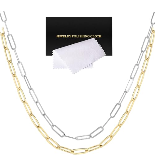 10 Pcs Paperclip Chain Necklace for Women 20 Inch Stainless Steel Gold Silver Charm Necklace Chains Adjustable Link Chains with Lobster Clasps Polishing Cloth for DIY Women Jewelry Making Supplies by ZYEHXED - Image 7