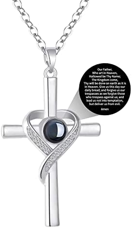 Avotto Cross Necklace for Women Girls Projection Cross Pendant Chain Religious Christian Baptism 1st First Communion Confirmation Heart Jewelry Gifts Lord's Prayer Inside Silver