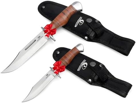 Mossy Oak 2-Piece Bowie Knife, Fixed Blade Hunting Buck Knife Set Leather Handle with Sheath