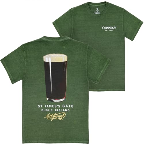Guinness St James Gate Premium Green Pigment Dye Front & Back Print T-Shirt (US Alpha Large Regular Regular)