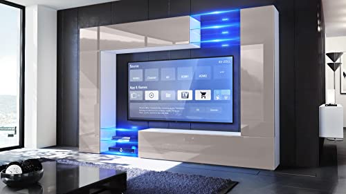 Vladon Wohnwand Mirage, Made in Germany, Anbauwand mit Rückwand mit 2 Türen, 2 Klappen und 6 offenen Glasablagen, Weiß matt/Sandgrau Hochglanz, inkl. LED-Beleuchtung (262 x 183 x 39 cm) – Bild 3