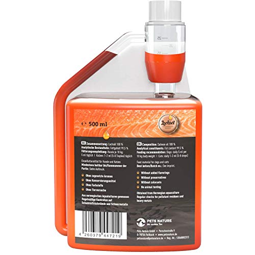 Pets Nature Lachsöl für Hunde und Katzen reines Premium Fischöl mit Omega 3 und 6 für Ihren Hund, Katze und Pferd, 500 ml