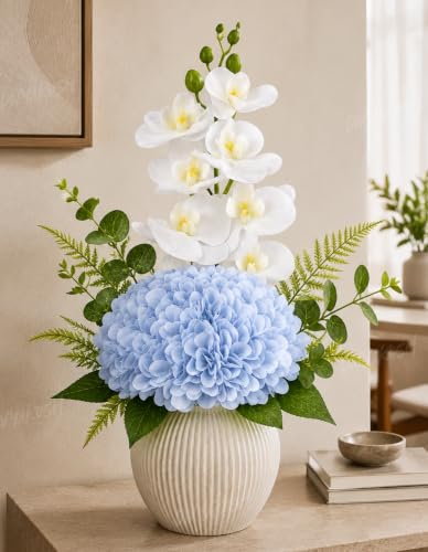 Image of Divyakosh Artificial Flowers Bunch (Vase Not Included). Artificial Flower for Vase, Flower Bouquet Gift, Sky Blue Hydrangea & White Orchid Artificial Flower Arrangement for Living Room, Office