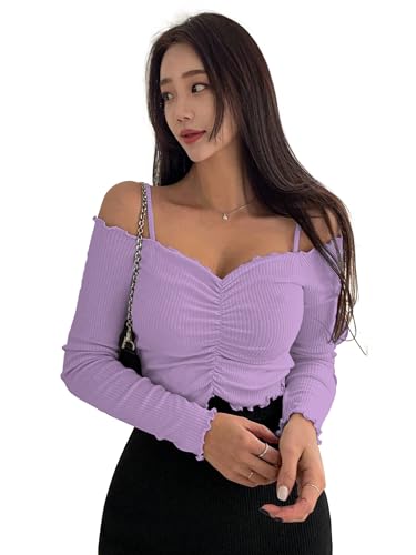 Image of Sugathari Women's Purple Solid Colour Open Cold Off Shoulder Long Sleeve Lettuce Hem Casual Autumn Trim Tight- Slim Fitting Ruched Front Ladies' Camisole Top, Tee, T-Shirt (T-Shirt 184)