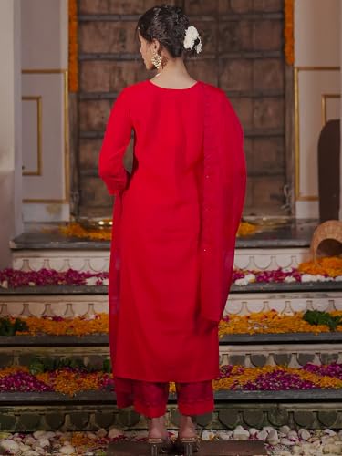 Image of INDO ERA Women's Embroidered Viscose Rayon Straight Kurta Pant with Dupatta Set