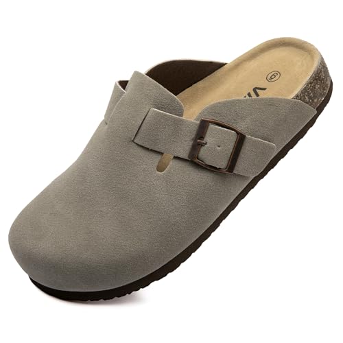 Image of Women Suede Clogs Casual Slip On Potato Mule Slippers | Soft Suede Upper, Arch-Support Cork Insole, Adjustable Buckle, Anti-Slip Sole