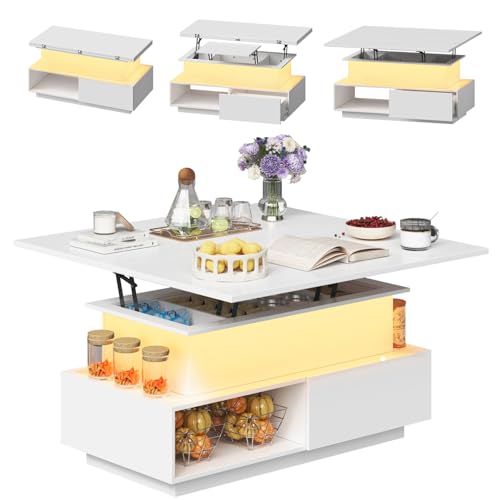 YOUDENOVA Couchtisch Höhenverstellbar Wohnzimmertisch Weiß mit Stauraum Ausziehbar Couch Tisch Wohnzimmer mit LED Coffee Table Modern Beistelltisch Sofa Tisch Hebefunktion per Gasdruckfeder