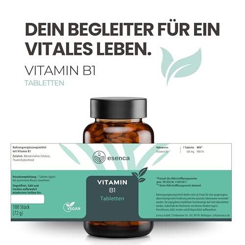 Esenca Vitamin B1 Tabletten – 180 Stück – je 100 mg Thiamin – Hochdosiert – 6 Monatsvorrat – Vegan – Ohne künstliche Zusatzstoffe – Frei von Farb- und Konservierungsstoffen