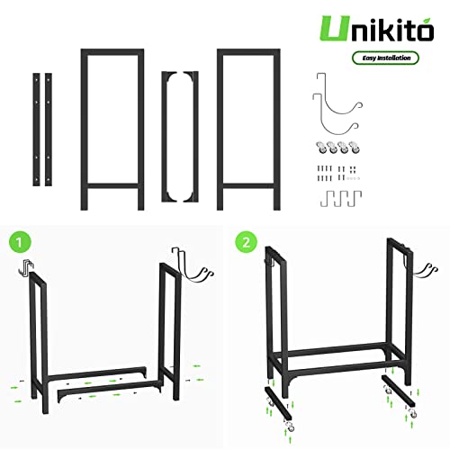 Unikito Firewood Rack Holder, 24 Inch Fire Wood Log Stand With Kindling Rack For Indoor Fireplace Wood Storage, Rolling Metal Fire Log Lumber Stacker Stand For Outdoor Patio, Black #TOP5