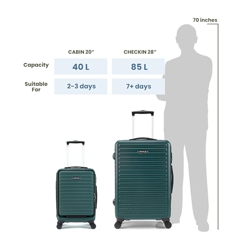 Image of Assembly Set of 2 Large Check in 28 Inches and Cabin Luggage 20 Inches Polycarbonate Premium Hardsided Suitcase Trolley - Forest Green