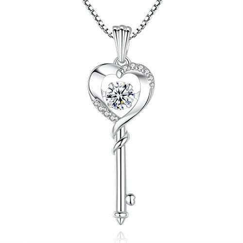 Good Luck 'Dancing Diamond' Heart Key Cubic Zirconia CZ Pendant Necklace, Jewelry for Women, Girls, Her, Sister, Wife, Friendship, Mom, Mother, Grandma, Birthday, Christmas, Anniversary Day Gifts