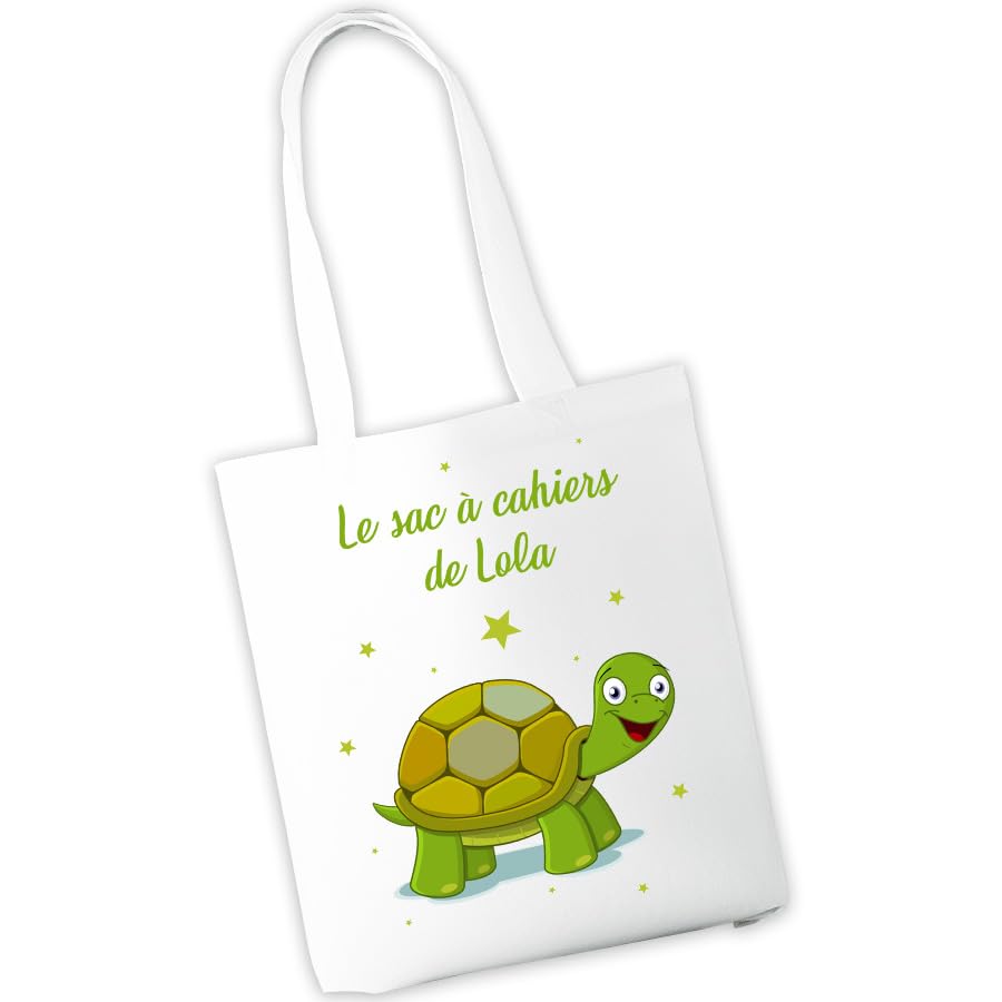 Sac à cahiers personnalisé - Sac de transport pour cahiers et livres d'école ou de bibliothèque - Prénom et motif au choix - Cadeau rentrée scolaire, maternelle, crèche, école (Tortue)