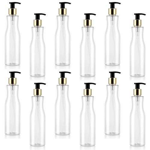 Image of Prakash Empty Plastic Trophy Pump Bottles Dispenser 500ml Portable Shampoo Lotion Hand Bottle (Transparent Trophy Golden Pump 500ML, Pack of 12)