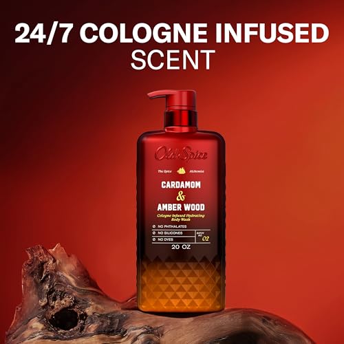 Image of Old Spice Body Wash for Men, The Spice Alchemist Collection, 24 /7 Cologne Infused Hydration, No Trade Off Formula, Free of Phthalates Silicones & Dyes, Cardamom + Amber Wood Scent, 20 oz