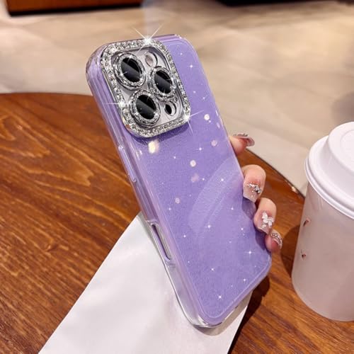 Étui protection objectif paillettes iPhone 16 Plus violet avec dragonne chic