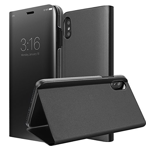 iPhone X/10 Case, AICase Smart Sleep/Wake Up Function Translucent View Window Front Cover Mirror Screen Flip Electroplate Plating Stand Full Body Protective Case for Apple iPhone X/10 (Black)