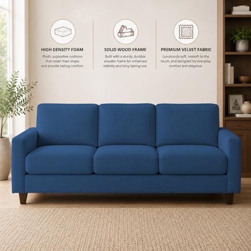 Image of Casaliving Gladino Modern Velvet Fabric Sofa, Tufted Design Upholstered 3 Seater Sofa Set for Living Room, Premium Velvet Fabric Sofa (Blue)