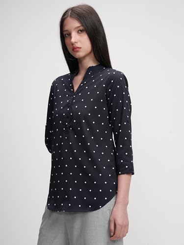 Image of Tokyo Talkies Women's Polka Dots Mandarin Collar Top | Roll-Up Sleeves | Smart & Casual | Perfect for Work & Everyday Chic | Tops for Woman | Women Tops | Stylish Top