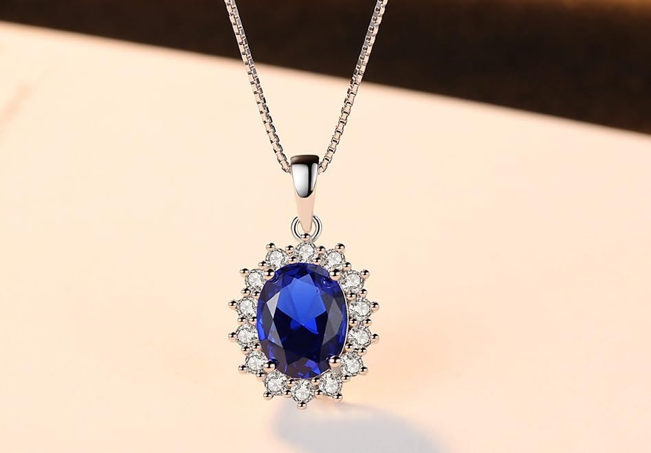Princess Diana Created Sapphire 925 Sterling Silver Halo Pendant Necklace for Women, Blue Birthstone Anniversary Birthday Jewelry Set - Image 5