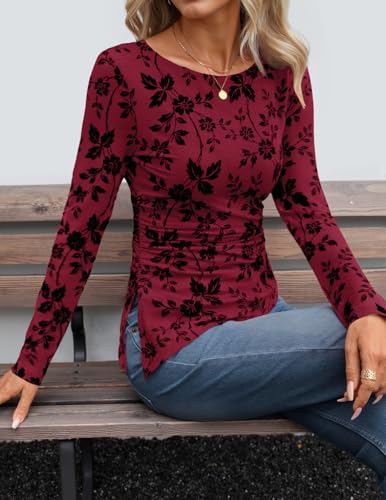 Image of ZESICA Womens Floral Long Sleeve Shirts 2026 Spring Boat Neck Mesh Ruched Tops Fitted Asymmetrical Going Out Blouses