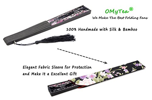 OMyTea Folding Hand Held Fan for Women Sakura Chinese/Japanese Vintage Retro Style - with a Fabric Sleeve for Protection (WZS-Black)