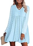 KIRUNDO Women‘s Dresses Long Sleeves Short Mini Dress Sexy V Neck Flowy Casual Dress Swiss Dot Loose Fit Babydoll Dress (Light Blue, Large)